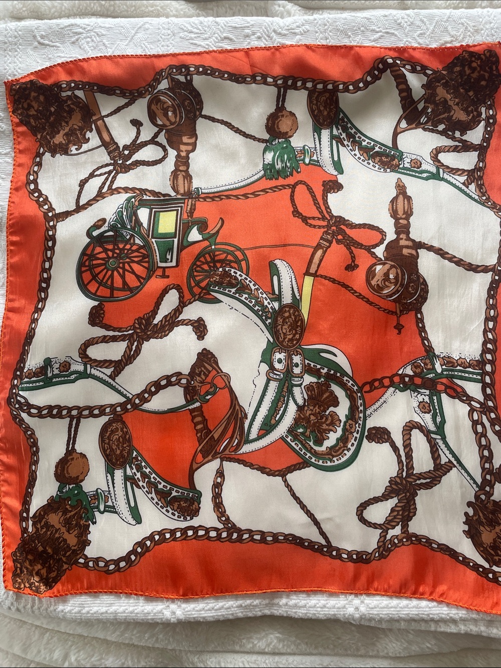 Satin -Feel Orange & Cream Equestrian Print Scarf 19 x 19 new with tags